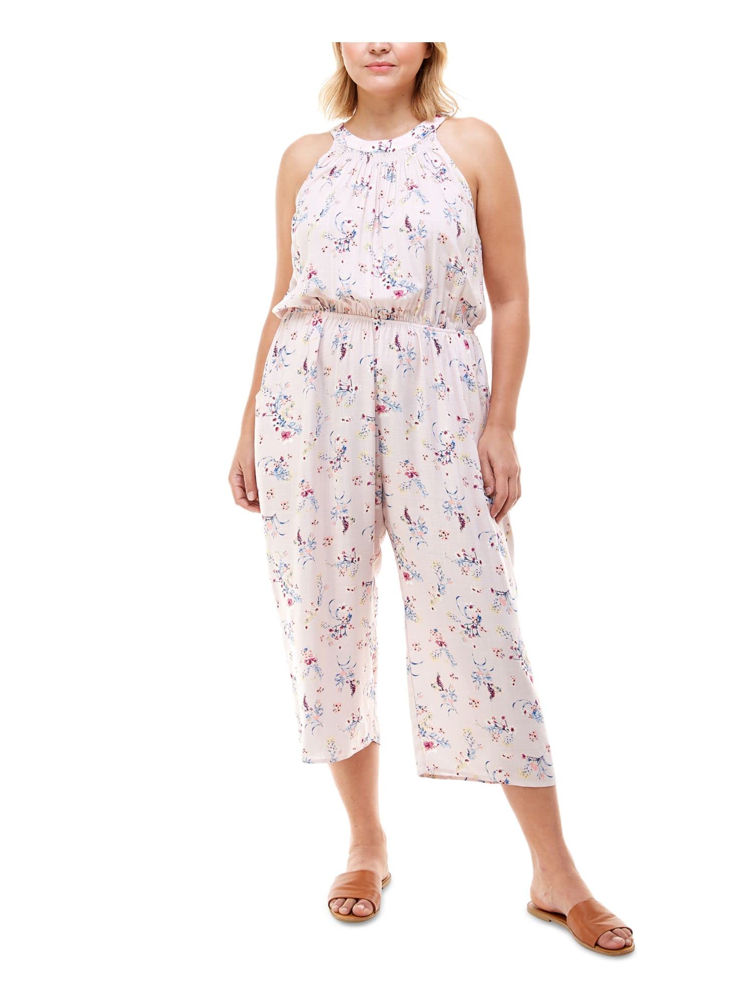 MONTEAUWomens Plus Floral Open Back Jumpsuit Pink 1X, Pink, 1X
