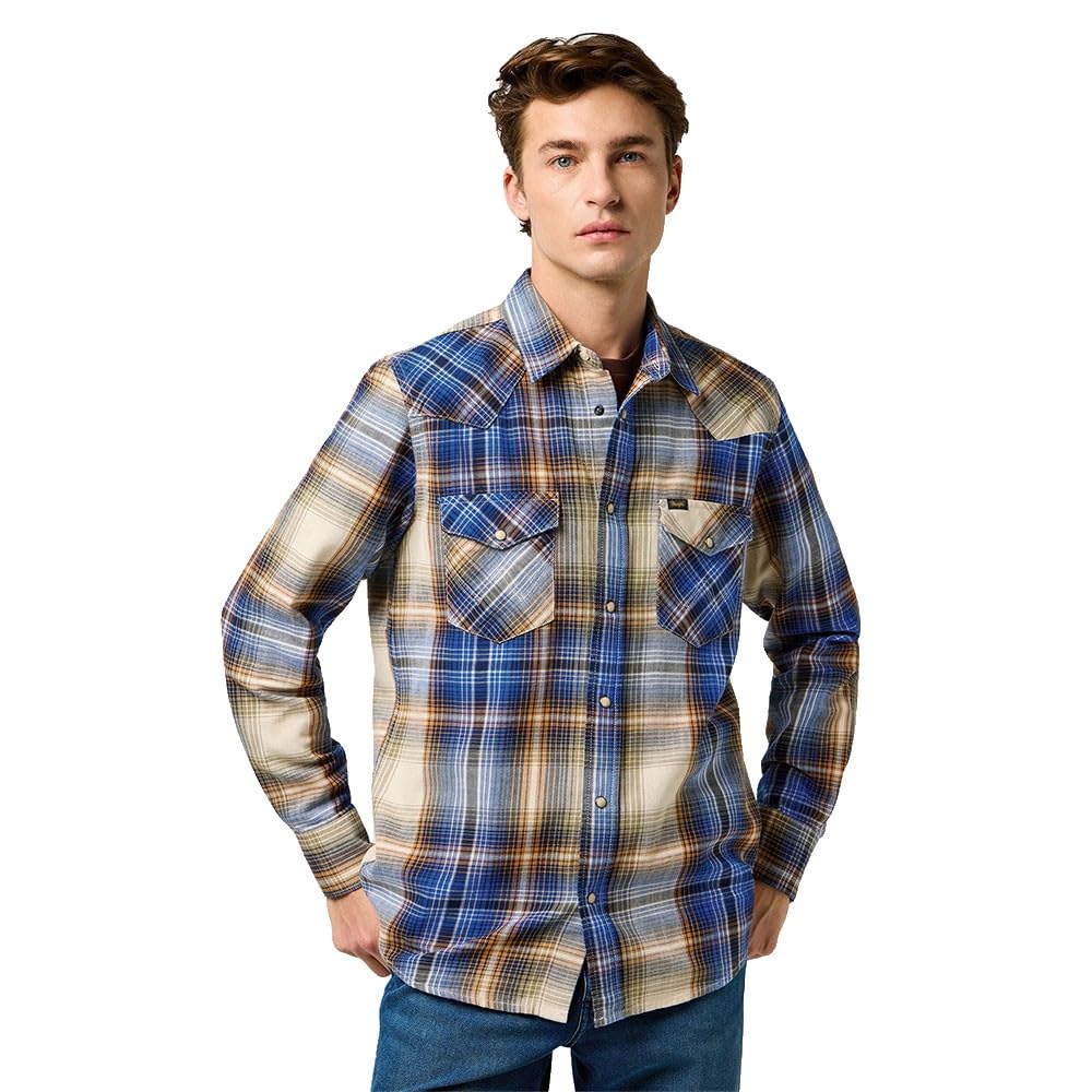 Wrangler Western Indigo Shirt, Blue Brown, XXL