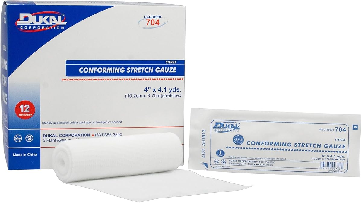 Dukal 704-BX Sterile Conforming Stretch Gauze, 4" x 4.1yds (Box of 12) | Conforming Bandage,Sterile,4 Inch X 4-1/10 Yard,1 per Pack,1-Ply