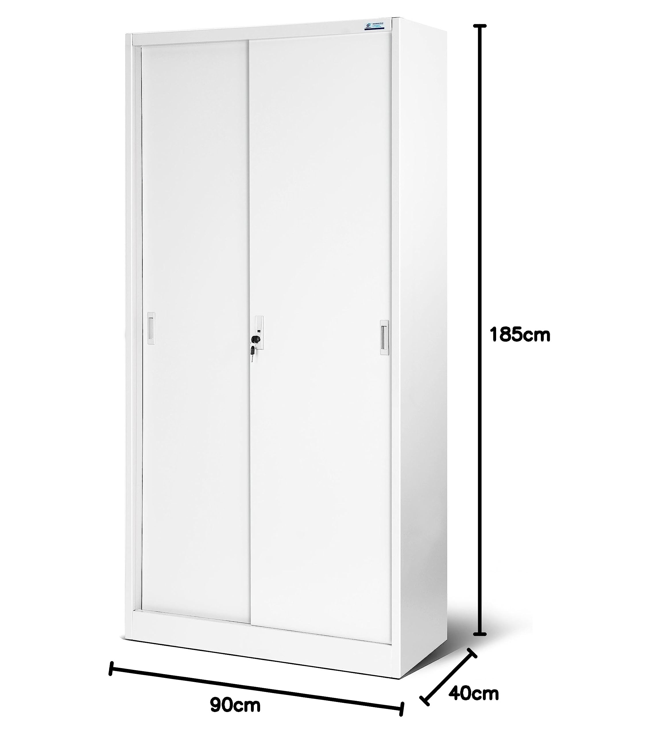 Jan Nowak Armario de Oficina con Puertas correderas Armario metálico 4 estantes Pintura en Polvo con Cerradura 185 cm x 90 cm x 40 cm (Blanco)