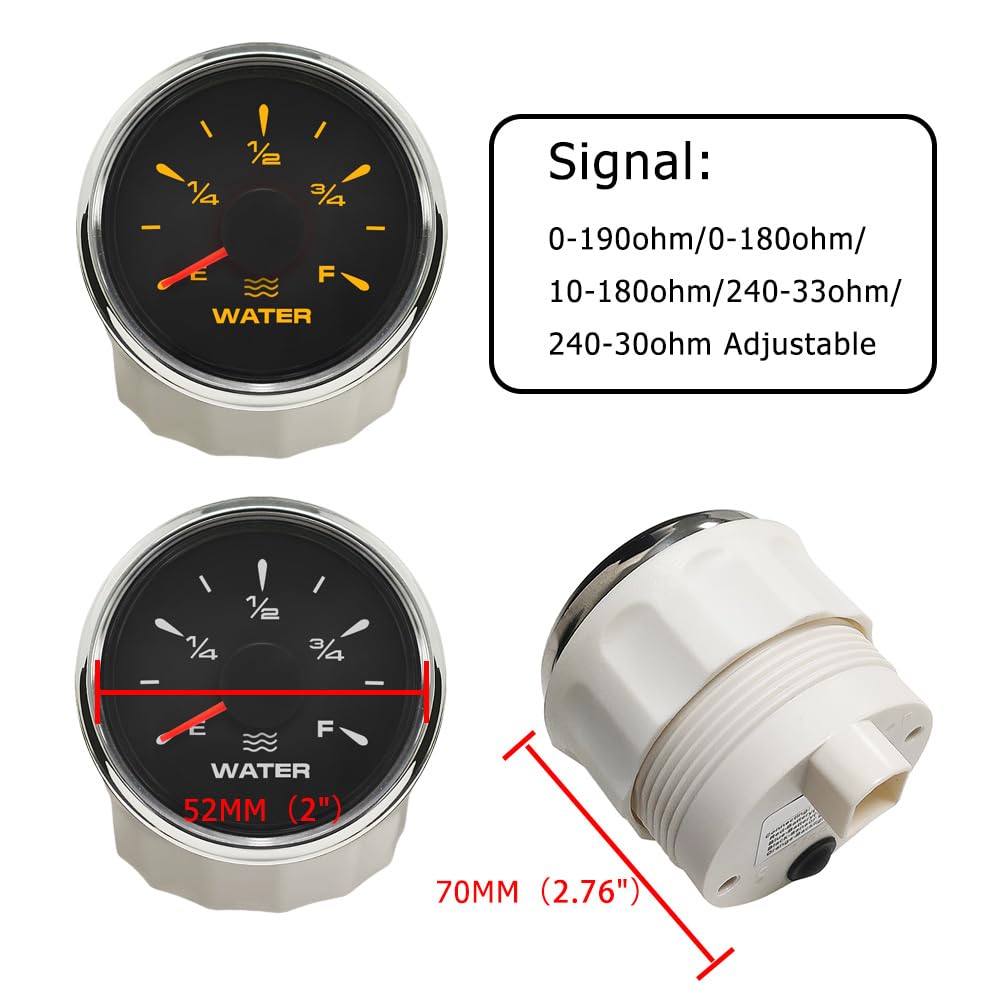 ELING 52 mm miernik poziomu wody 12 V 24 V z 8-kolorowym podświetleniem z czujnikiem poziomu 0–190 Ohm 275 mm do samochodu motorówki