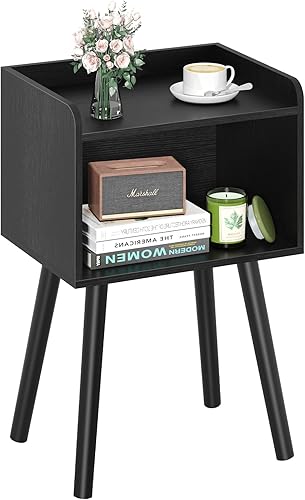 Yoobure Mesita de noche moderna de mediados de siglo para espacios pequeños, mesa auxiliar pequeña con estante de almacenamiento, mesa auxiliar de