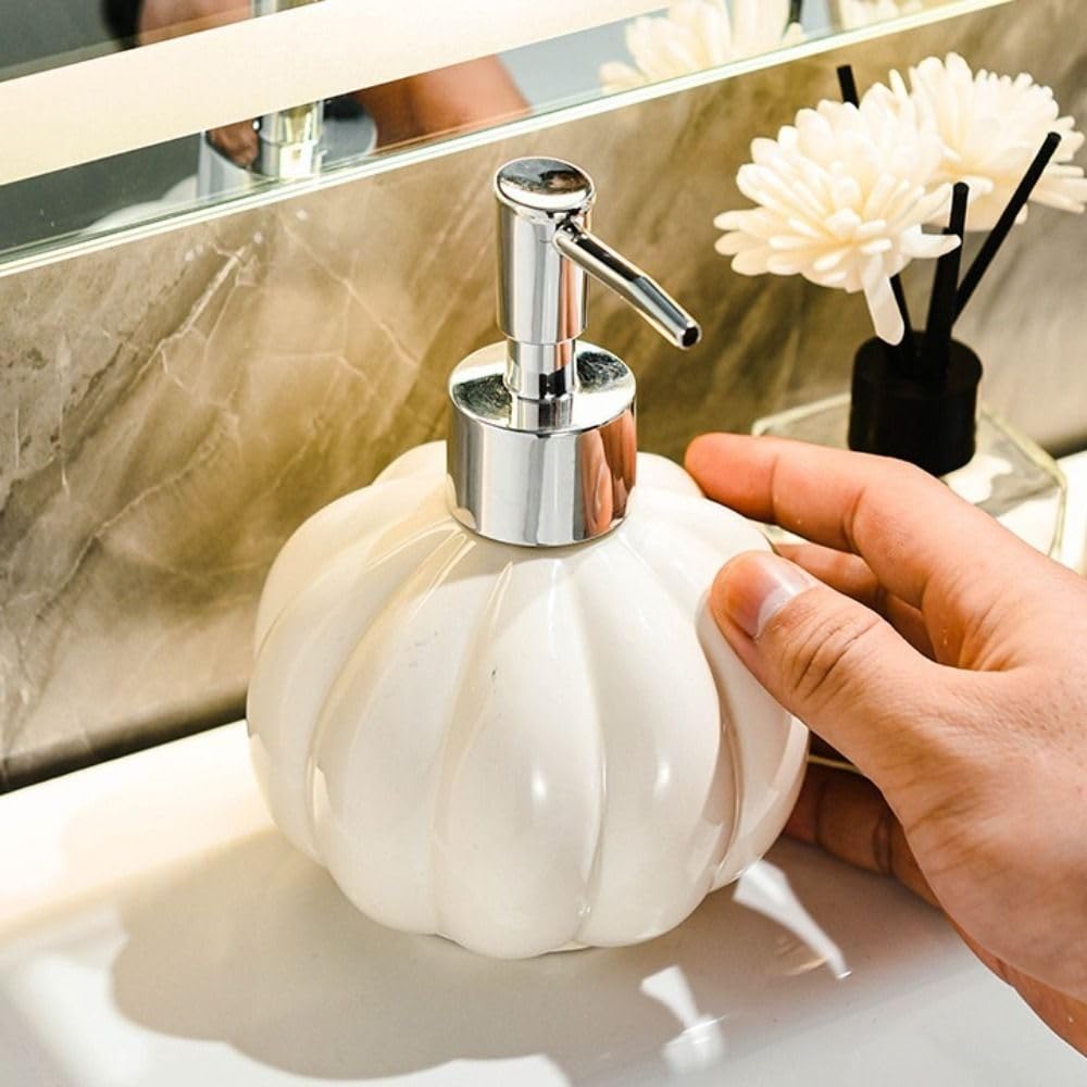 Dispenser di Schiuma in Ceramica a Forma di Zucca, Accessori, Elegante flacone con Pompa da 350 ml per Lavanderia (Argento)
