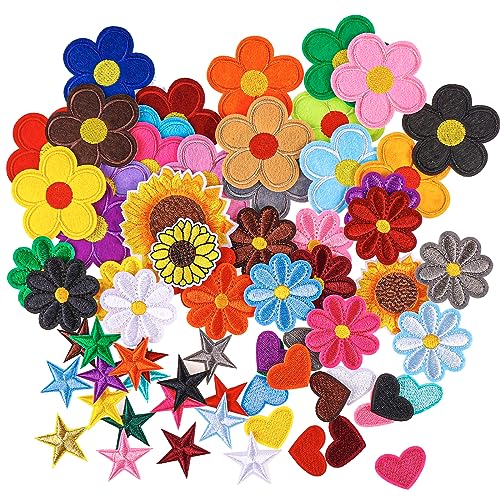 71 PCS Iron on Patches Versatile Embroidered Iron-On Patch Set for Clothes Bags and DIY Crafts Include Sunflowers Hearts Flowers and More Pattern