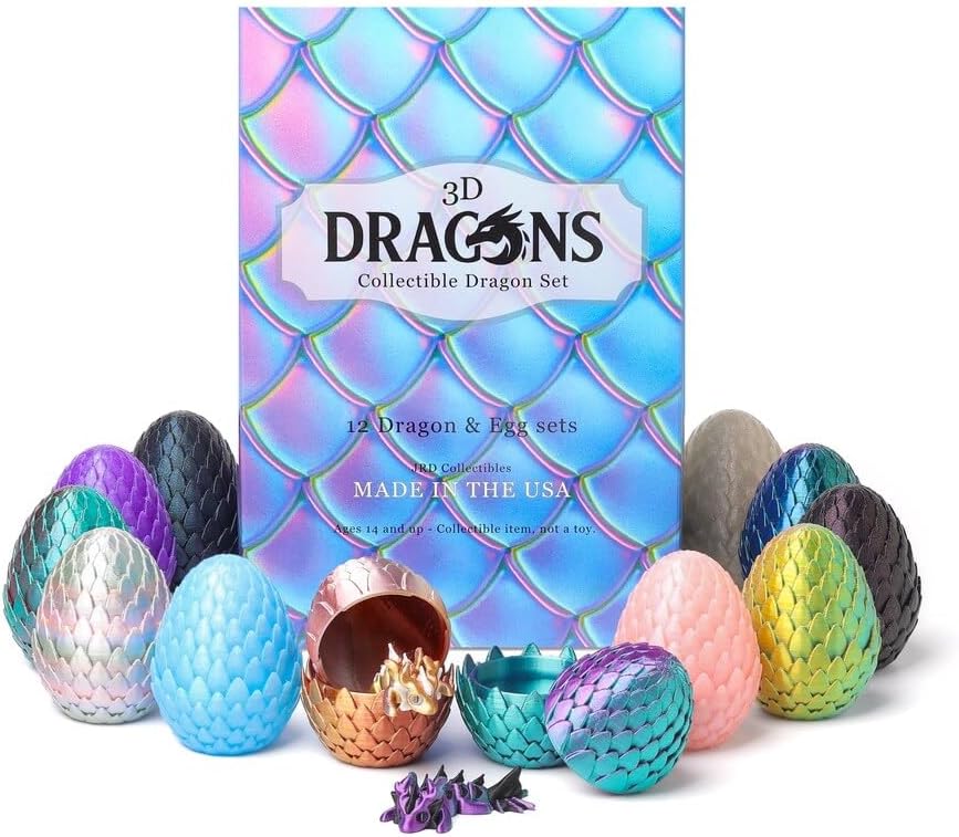 12-Piece Dragon Egg & Articulated Baby Dragon Collectible Set – 3D-Printed PLA Display Eggs with Mini Dragons – Vibrant Fantasy Colors – Unique Gift & Décor for Dragon Lovers