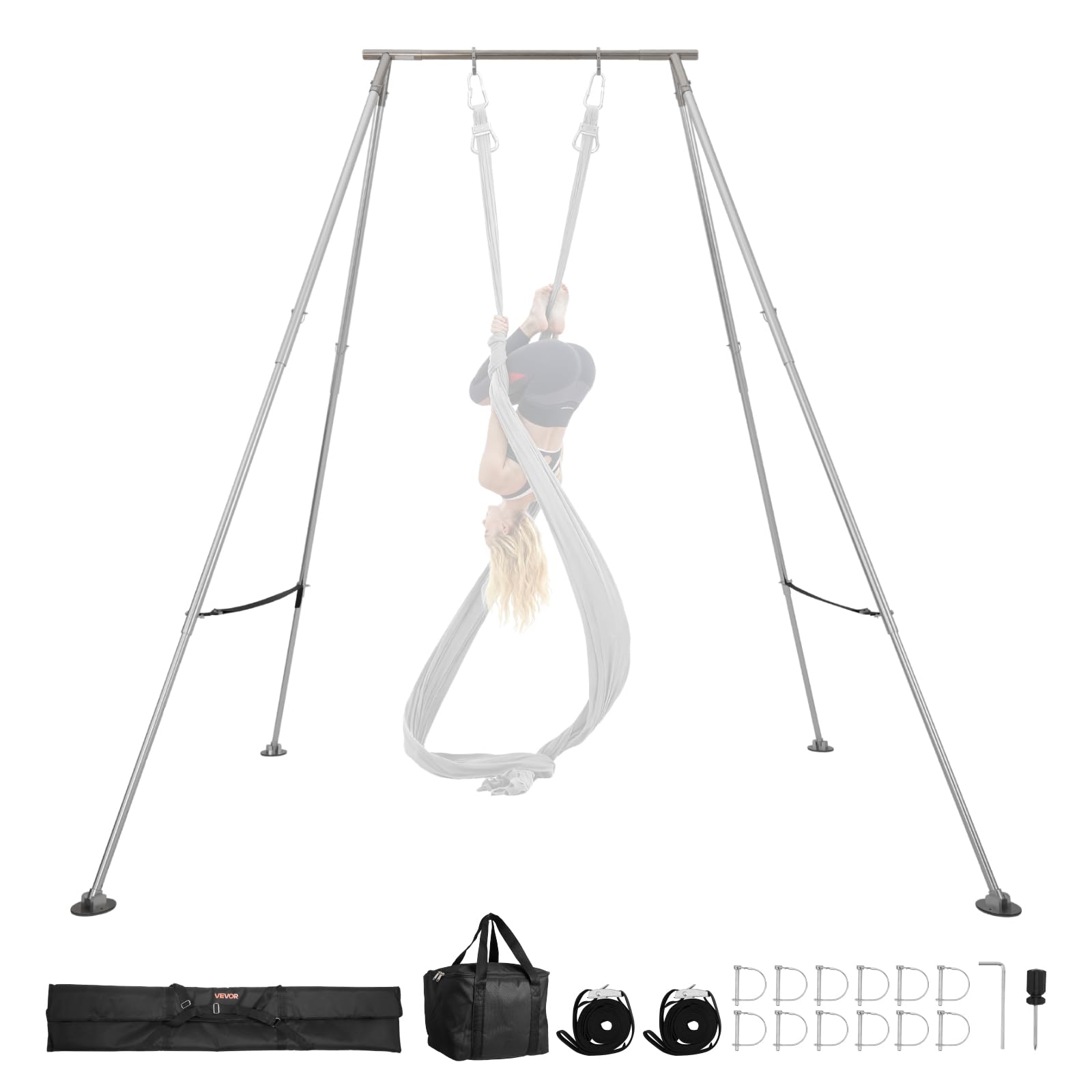 VEVOR Soporte de Yoga Aéreo, con Estructura Triangular, Carga Máxima de 140,6 kg, Aleación de Aluminio, Soporte para Telas Aéreas con Patas de Aluminio Ajustables en Altura, 3200 x 2780 x 3480 mm