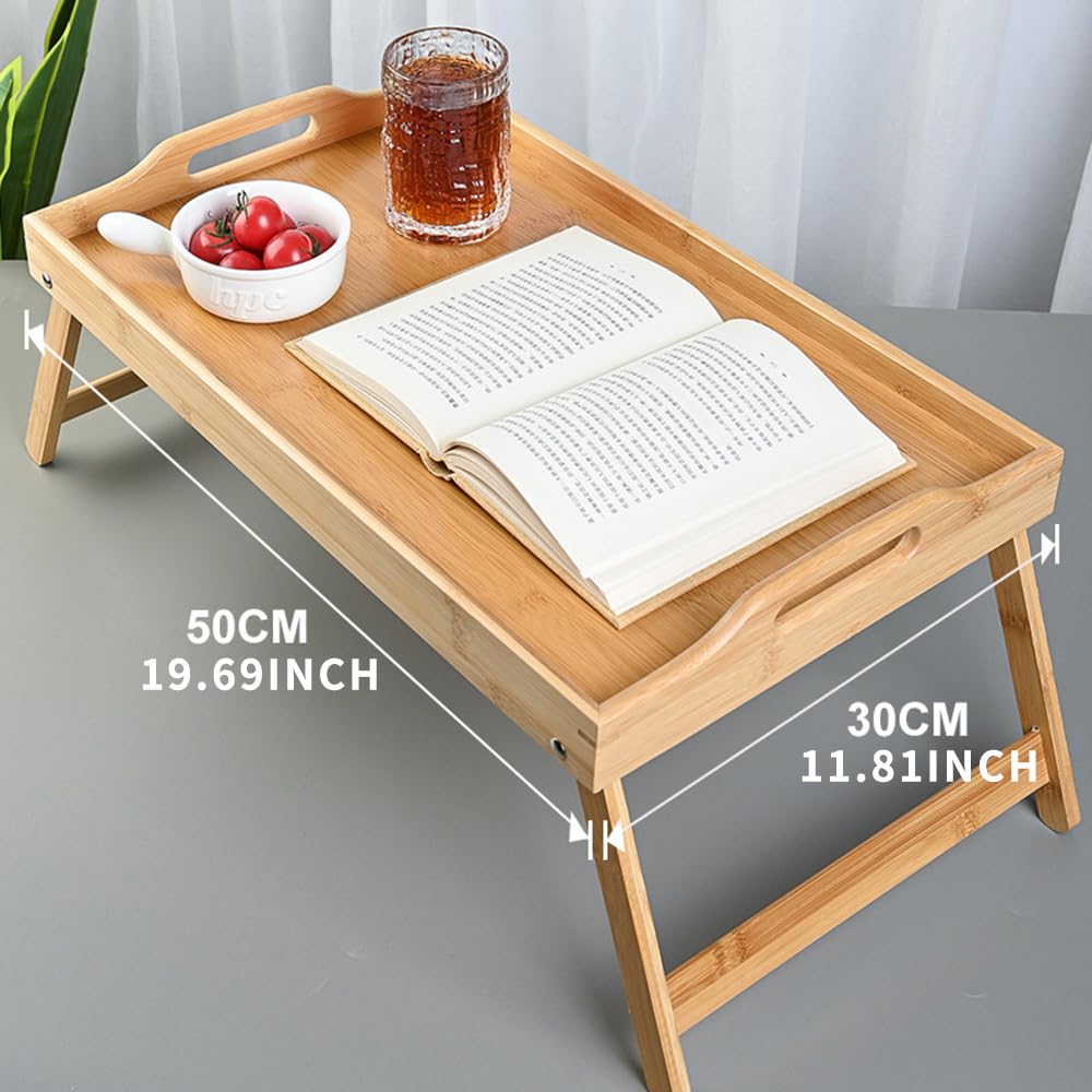 Bamboo Wooden with Folding Legs Serving Breakfast Bed Lap Tray Table Mate, Hotel Rectangular Tea Set Qrdering Tray