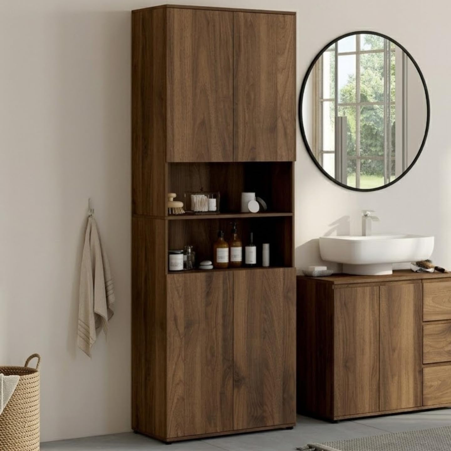 IDMarket TOMI - Mueble de armario columna, cuarto de baño, 4 puertas, 2 nichos efecto nogal