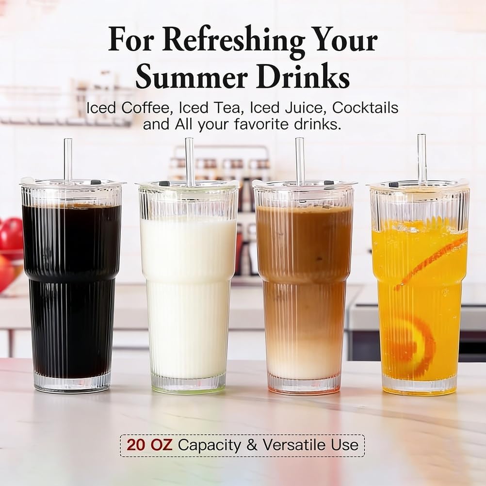 20oz Reusable Glass Cups Iced Coffee Glass Cups with Lids and Straws for Coffee, Tea, Juice, Smoothies, Hot/Cold Drinks at Home, Office Tumblers, 4 Pack