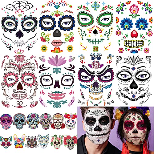 20 Sheets Day of the Dead Face Sugar Skull Tattoos Including 8 Large Sheets Halloween Temporary Face Tattoos Halloween Sugar Skull Face Tattoos