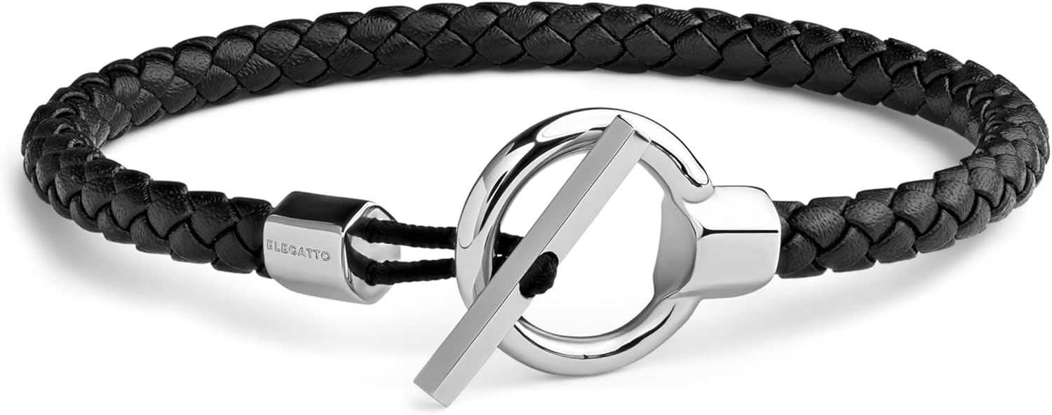 Elegatto Helm Premium Braided Leather Bracelet for Men | Full-Grain Braided Leather with Sterling Silver Polished Stainless Steel Toggle Clasp Closure | Men’s Designer Bracelets
