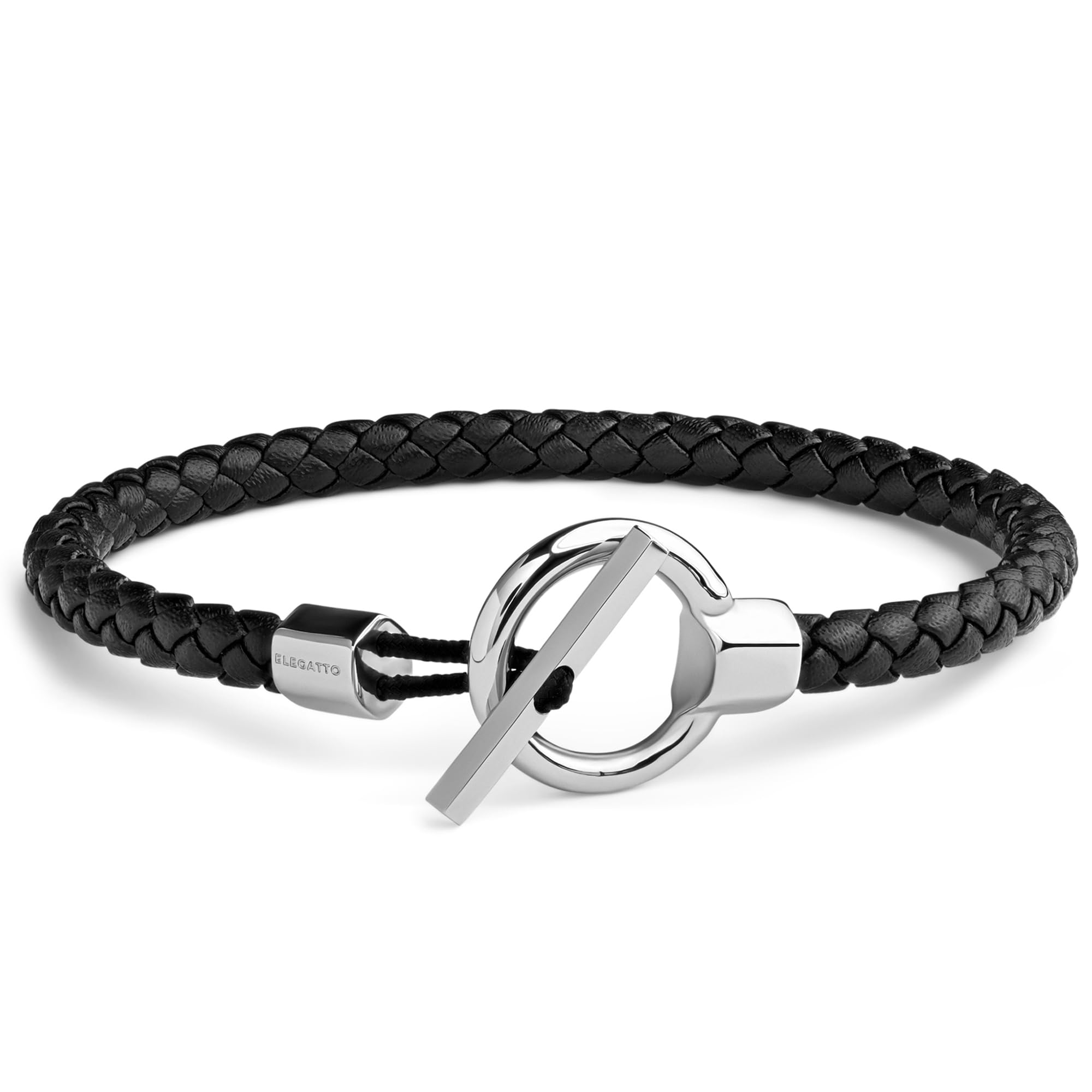 Elegatto Helm Premium Braided Leather Bracelet for Men | Full-Grain Braided Leather with Sterling Silver Polished Stainless Steel Toggle Clasp Closure