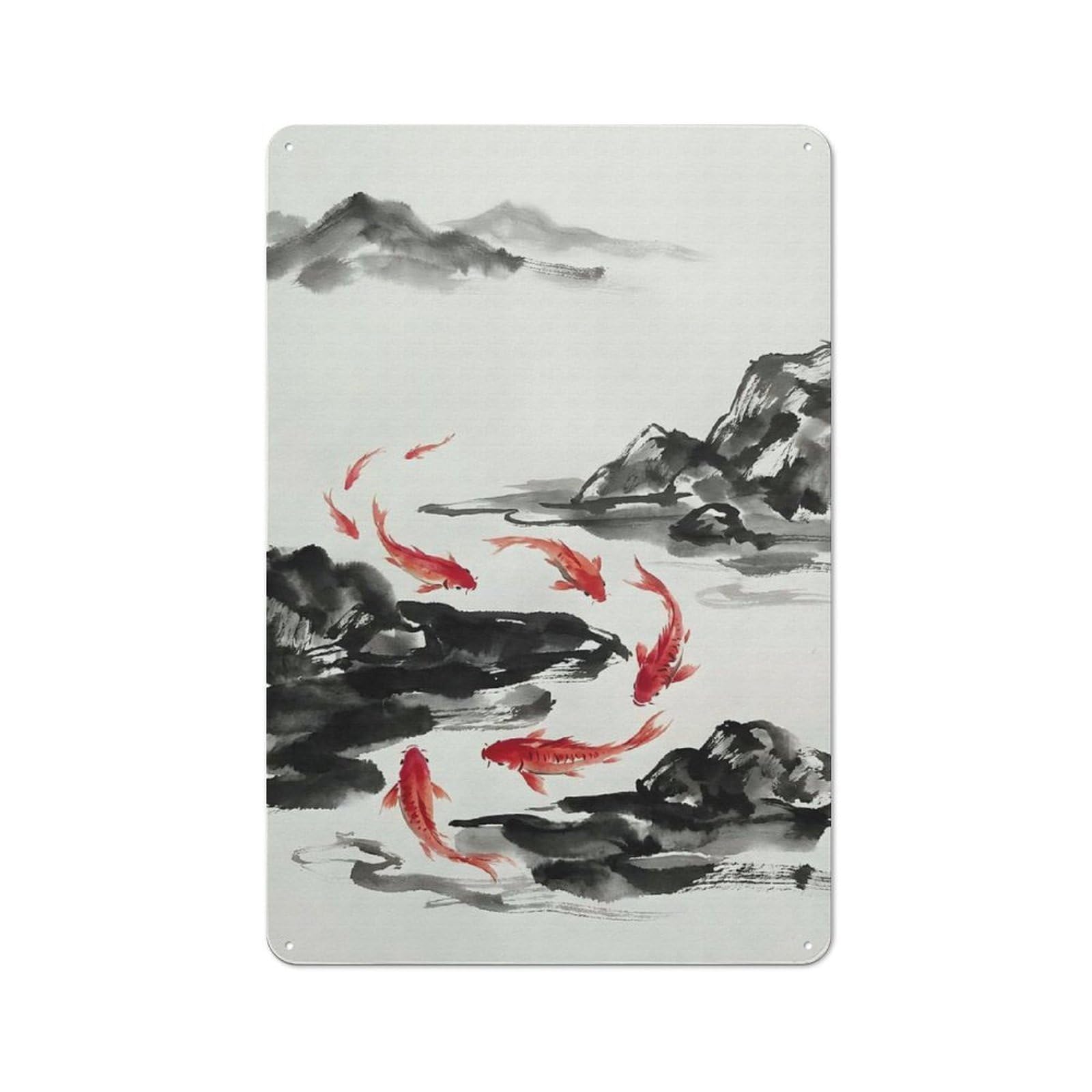 30x20cm Retro Tin Wall Plaque with Koi Fish Ink Painting Landscape for Pub Or Café, A Winter Wall Decor Update for Café Interior Fans