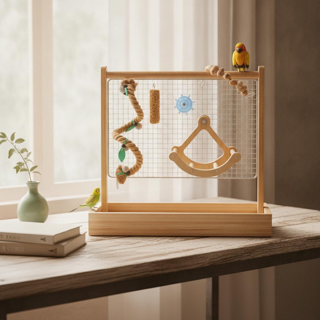 Aire Jeux Oiseaux Bois Bureau, Éléments métalliques, Support Jeu Bureau, Interaction avec l'oiseau, pour Familles avec Oiseaux, Style to 3