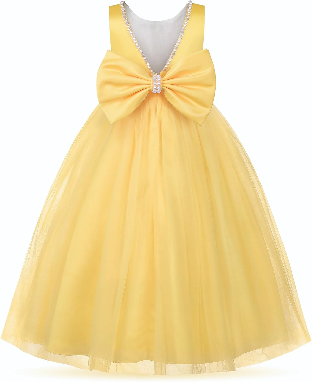 Uhnice Flower Girl Pearls Dress V-Back Tulle Ball Gown Satin Prom with Bow-Knot for Wedding Pageant Birthday Party