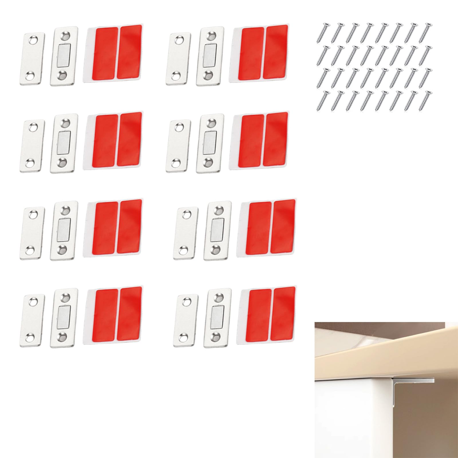 8 Packs of Self-Adhesive Magnetic Door Catches, Door/Cabinet Magnets, Ultra-Thin Magnetic Strips for Cabinets, Drawers, and Sliding Doors, Durable Iron with Strong Magnets for Easy Home Safety