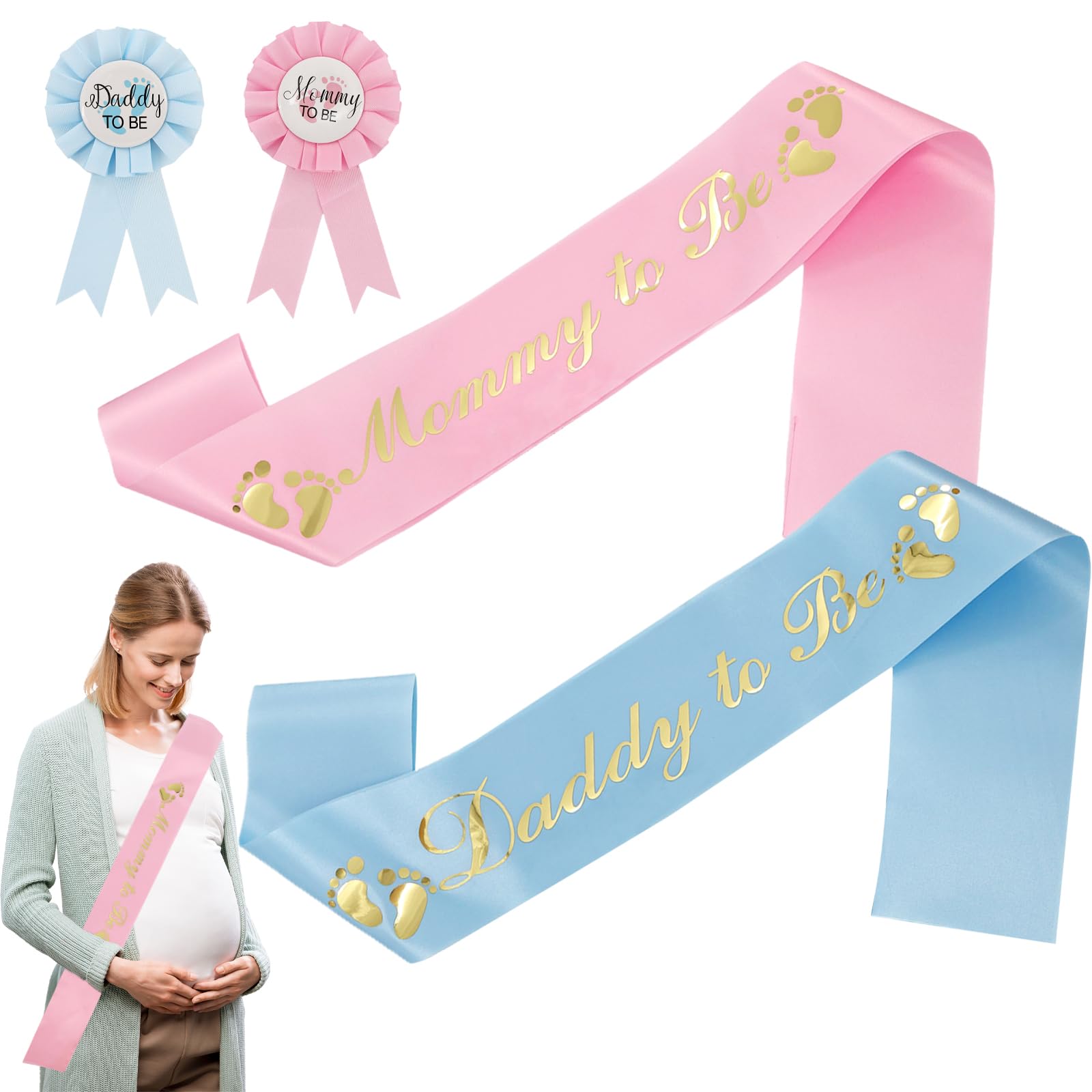 4 PCS Mom to Be Sash and Daddy to Be Pin Baby Shower Sash for Mommy and Daddy