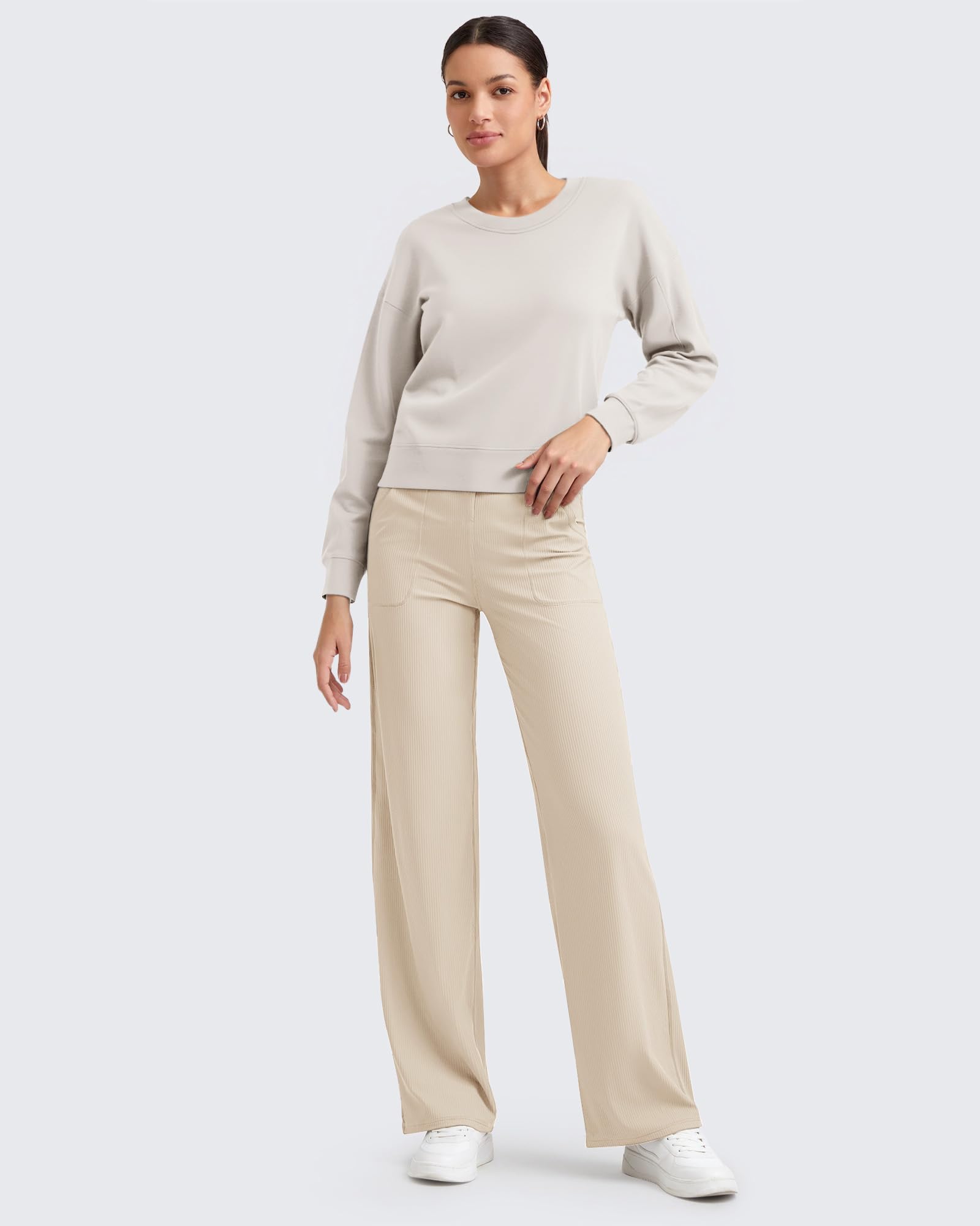 G4Free Pantalon de yoga en tricot côtelé avec poches pour femme - Léger et extensible - Décontracté