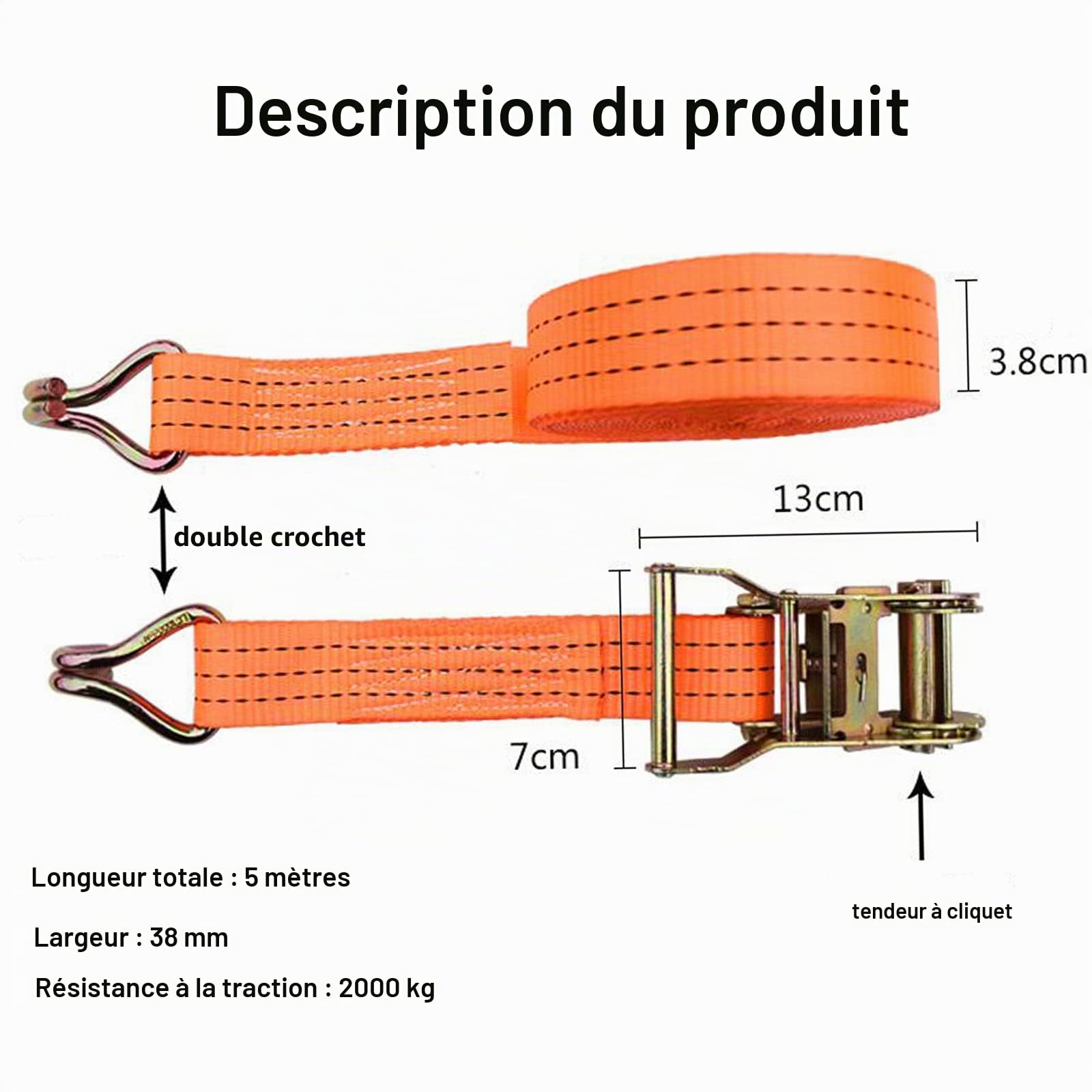 Sangle a Cliquet - 2 x 2000 kg 6m Sangle Arrimage Sangles D'arrimage avec Crochet Sangles de Serrage pour la Fixation ou la Sécurisation de la Charge de la Voiture ou du Transporter