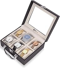 Square Watch Organizer Box with Handle - 6 Slot Watch Case for Men & Women - Premium PU Leather Storage Display Holder with Transparent Top & Velvet Interior