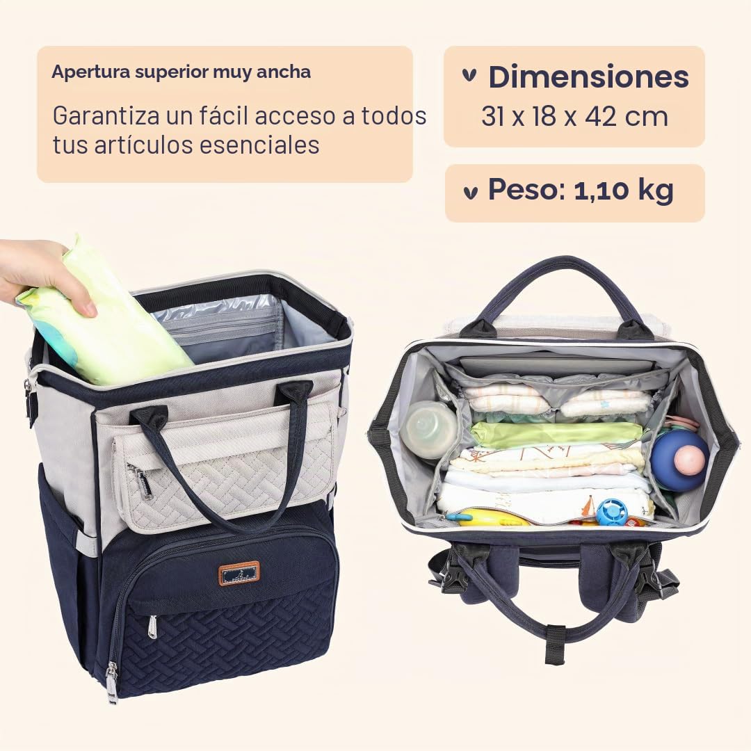 BabbleRoo Mochilas de Pañales para Bebé, bolsas grandes multifunción con cambiador y correas para cochecito y funda para chupete, mochila de viaje unisex cambiar pañales para mamás papás