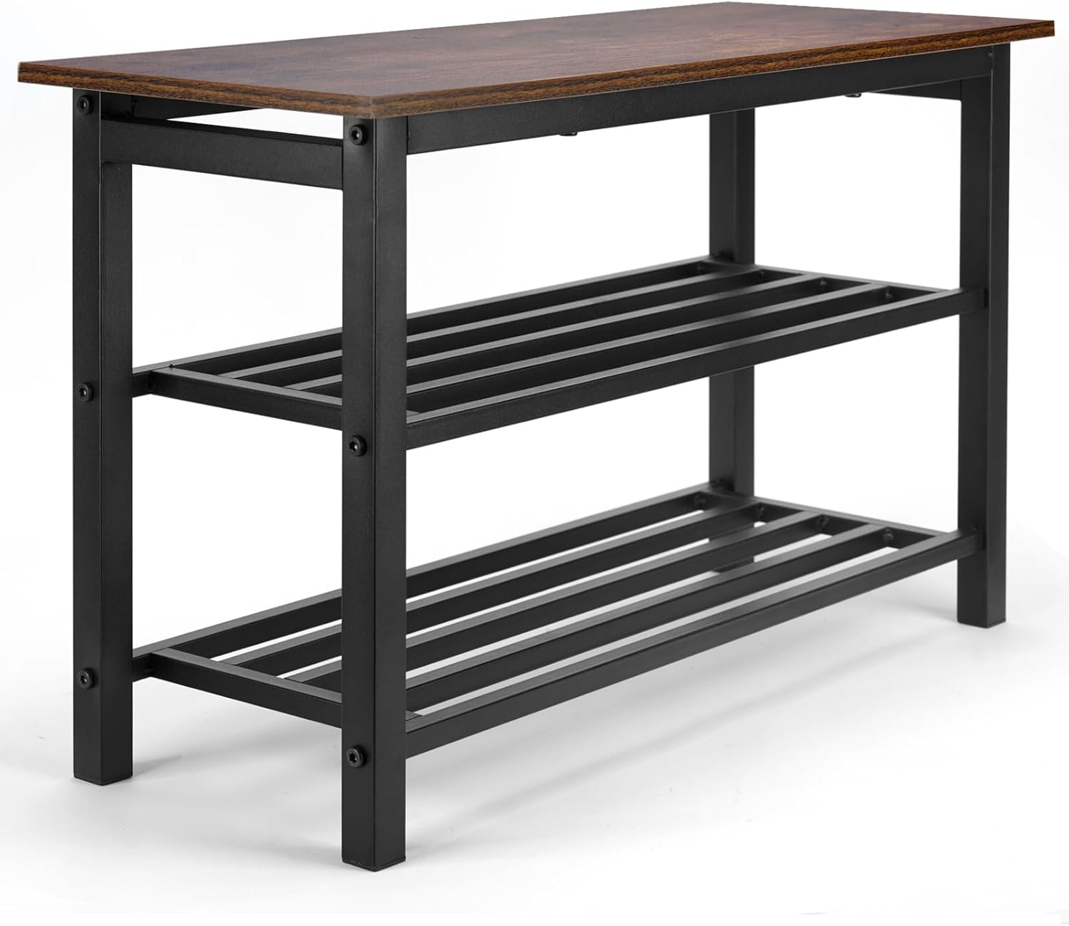 3-Tier Shoe Bench, 27.2-Inch Entryway Organizer Storage Rack with Rustic Brown Wood Top, Industrial Metal Shoe Stand for Hallway, Closet, Bedroom (17.2" H)