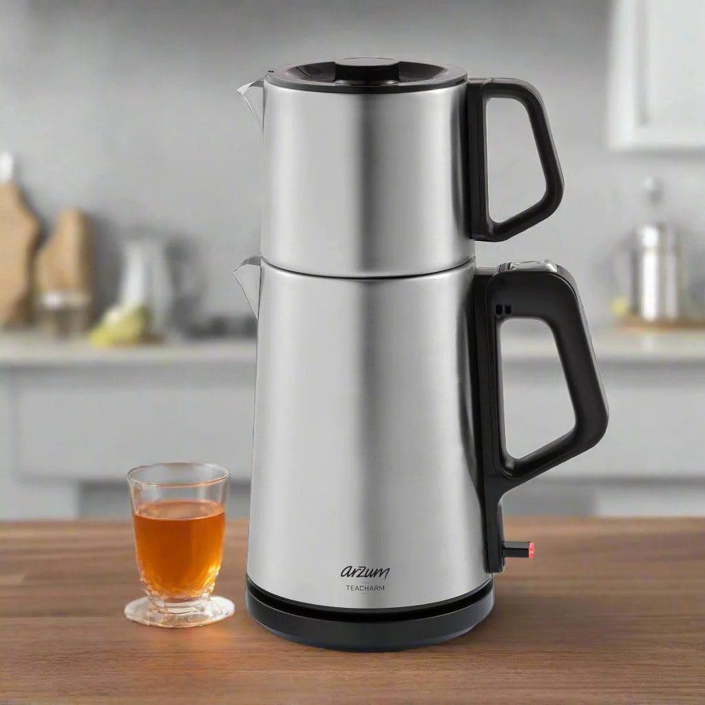 Arzum AR3143 Teacharm Teemaschine, Grau, 1800W Elektrischer Teebereiter Mit 1,8 Liter Wassertank, 1 Liter Glaskanne Und Doppelheizsystem