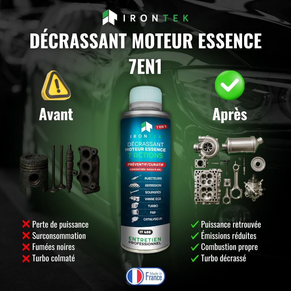 Décrassant Moteur Essence 7en1 375ml - IRONTEK | IT406 | Sans Démontage | Catalyseur Turbo EGR Injecteurs | Traitement Complet Premium