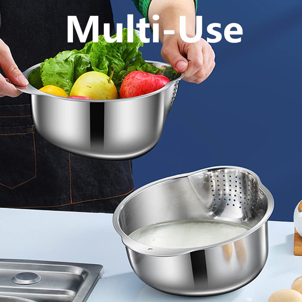 Lavvi - Cuenco de acero inoxidable para lavar arroz, versátil 3 en 1, colador para cocina, verduras, frutas, plata, 9.84 pulgadas 3
