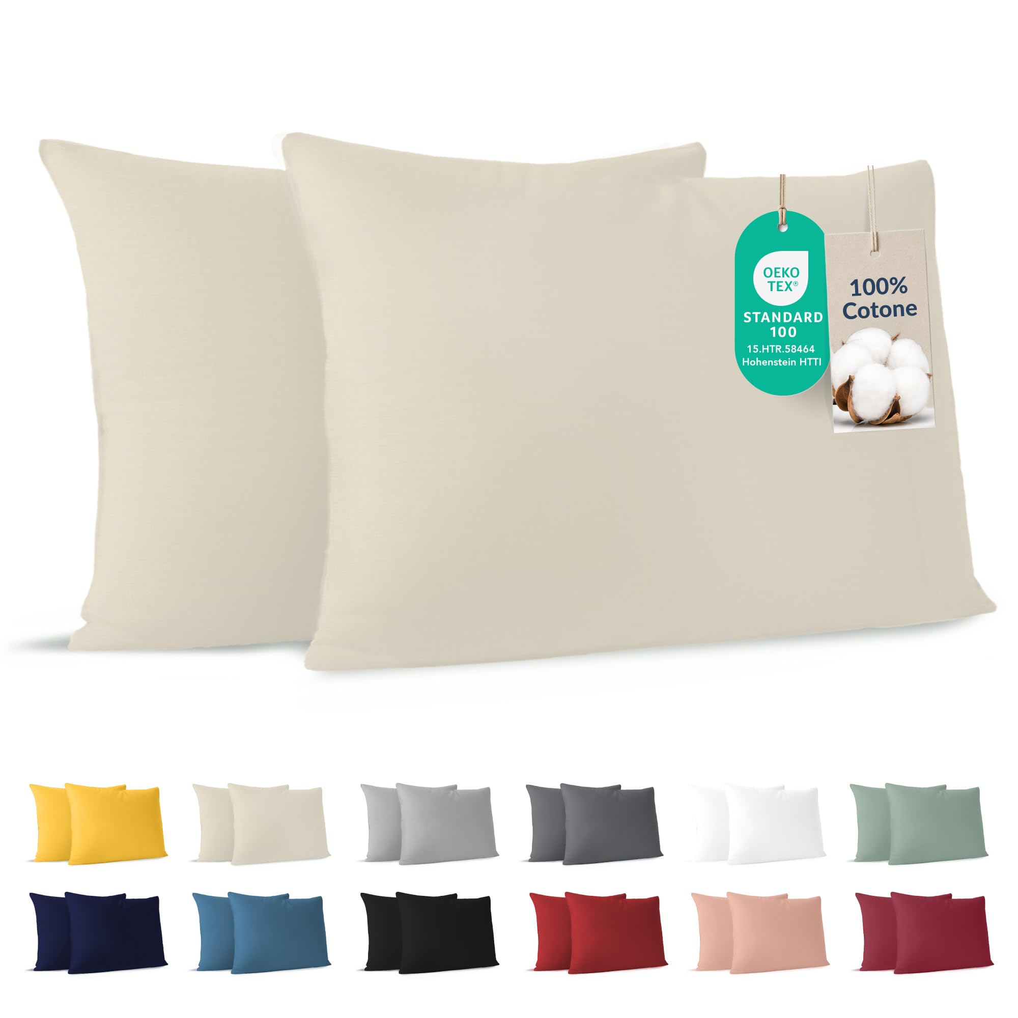 Dreamzie Pillow Covers (Set of 2) - Beige - for Pillowcases 50 x 70 cm - 100% Cotton Jersey - Pillowcases - Cushion Cover for Bed - Pillow Protector | Certificado Oeko-Tex · con Cremallera · Jersey · 150 g/m² · Transpirable · Lavable · Ideal para Cojín de Sofá y Cama
