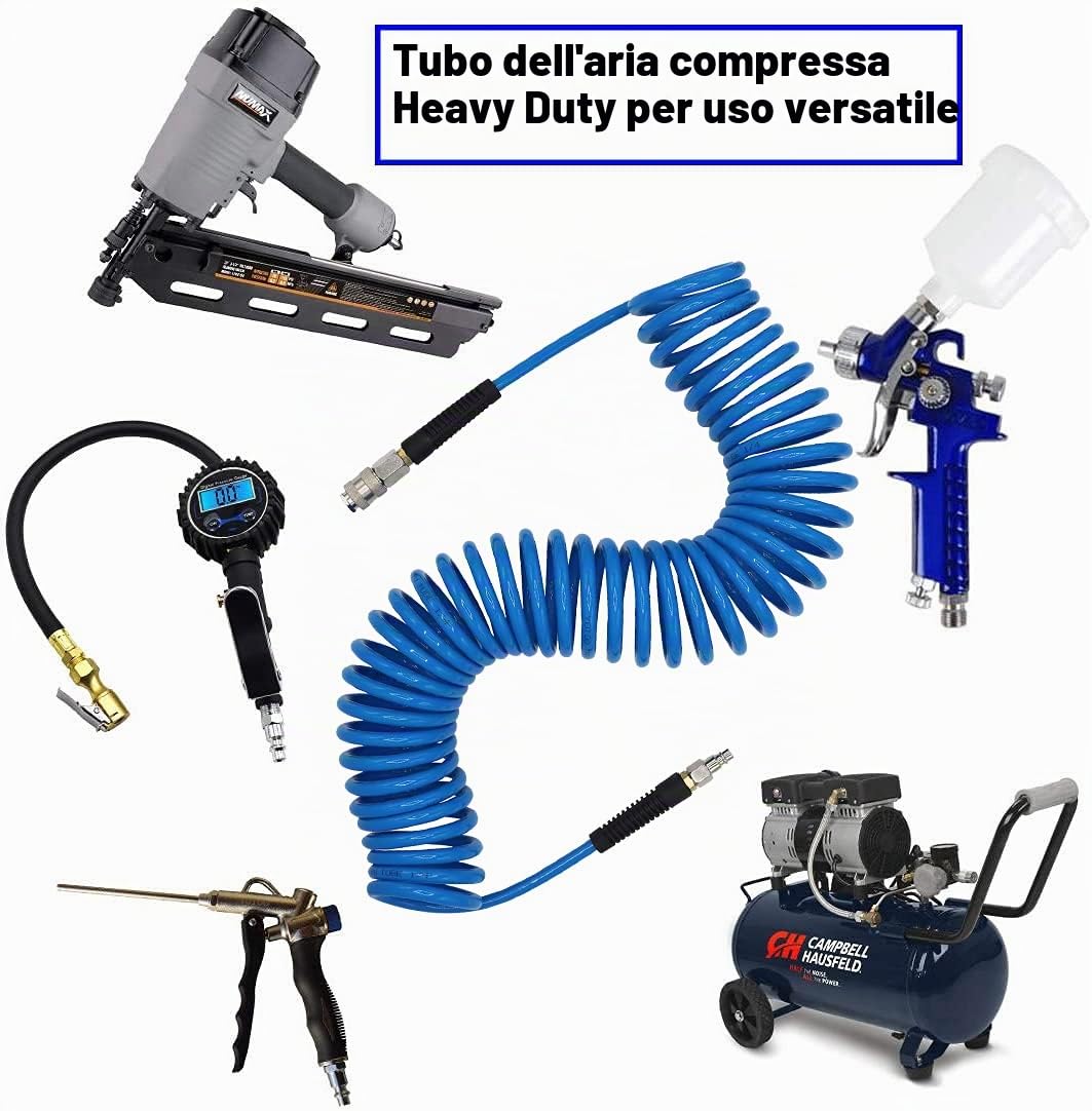 YOTOO Tubo flessibile per compressore d'aria in poliuretano, 10 m, 6 mm x 9,5 mm, limitatore piegatura, accoppiatore rapido, 1/4" blu