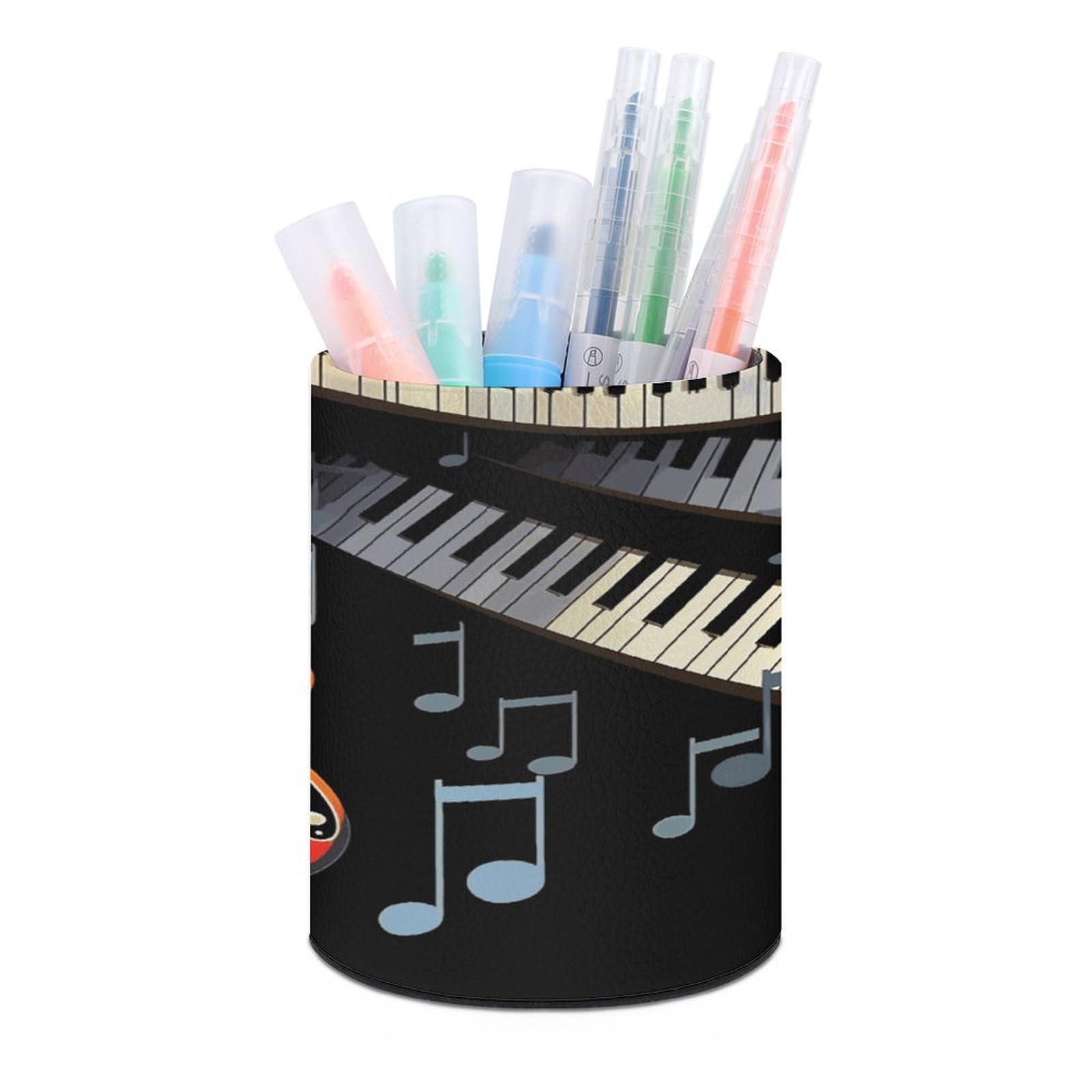 JTREHY Guitar Piano Pattern Pen Holder Round Pen Pencil Holder Makeup Brush Holders Cup PU Leather Pencil Cups Desktop Caddy Stationery Organizer Case Office Accessories Container Box