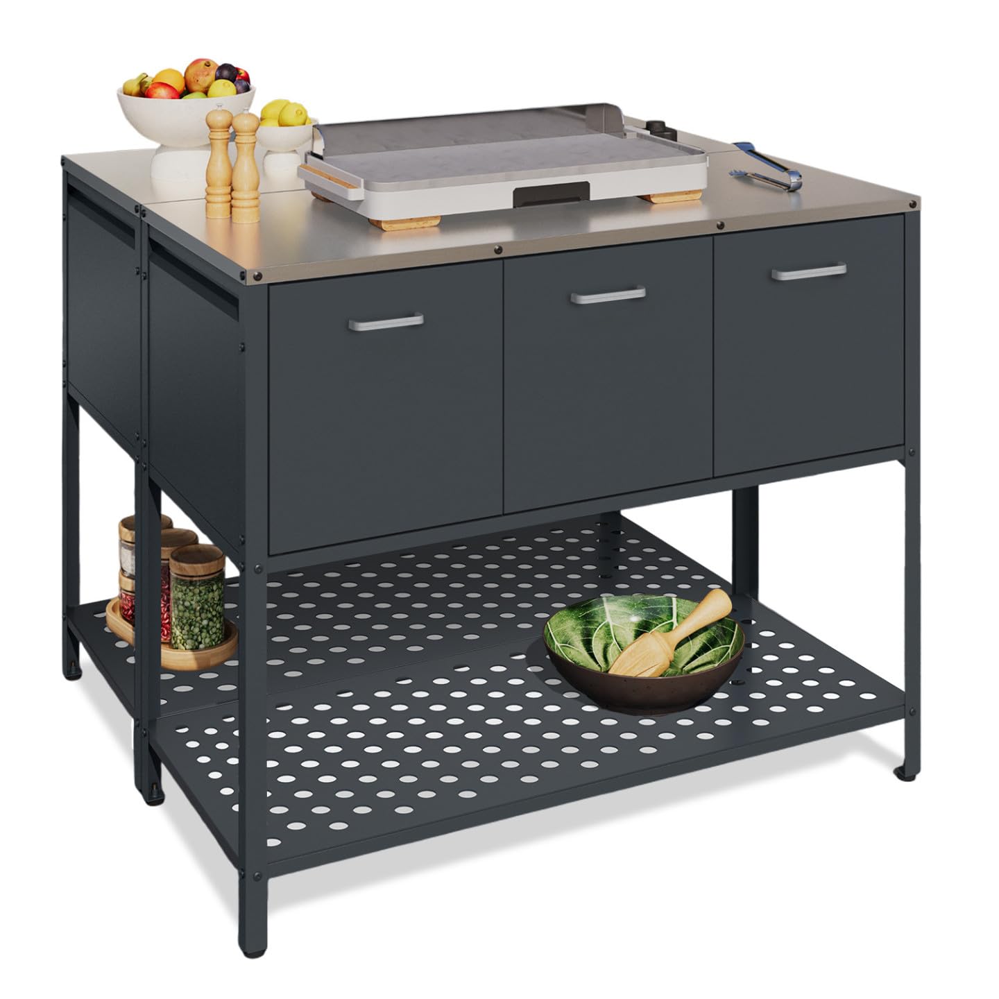 Meuble de Cuisine extérieure Pareo 3 Portes avec étagère en Acier Gris Anthracite