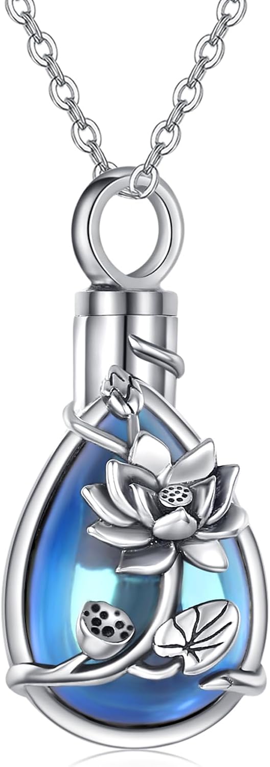 JUSTKIDSTOY Moonstone Urn Necklace for Ashes Sterling Silver Daisy/Rose/Tree Teardrop Pendant Necklace Cremation Jewelry Keepsake Memorial Gifts for Mother Grandma w/Funnel Filler