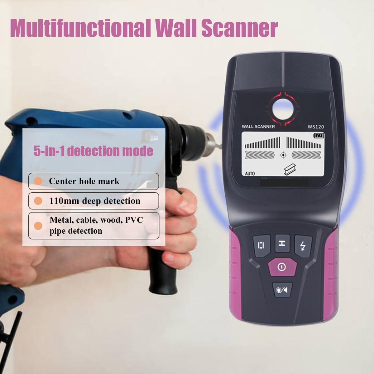 Detector de pared, detector de pared multifuncional portátil, cable y alambre vivo, buscador de metales for tuberías de agua de PVC, detector de metales, escáner de pared