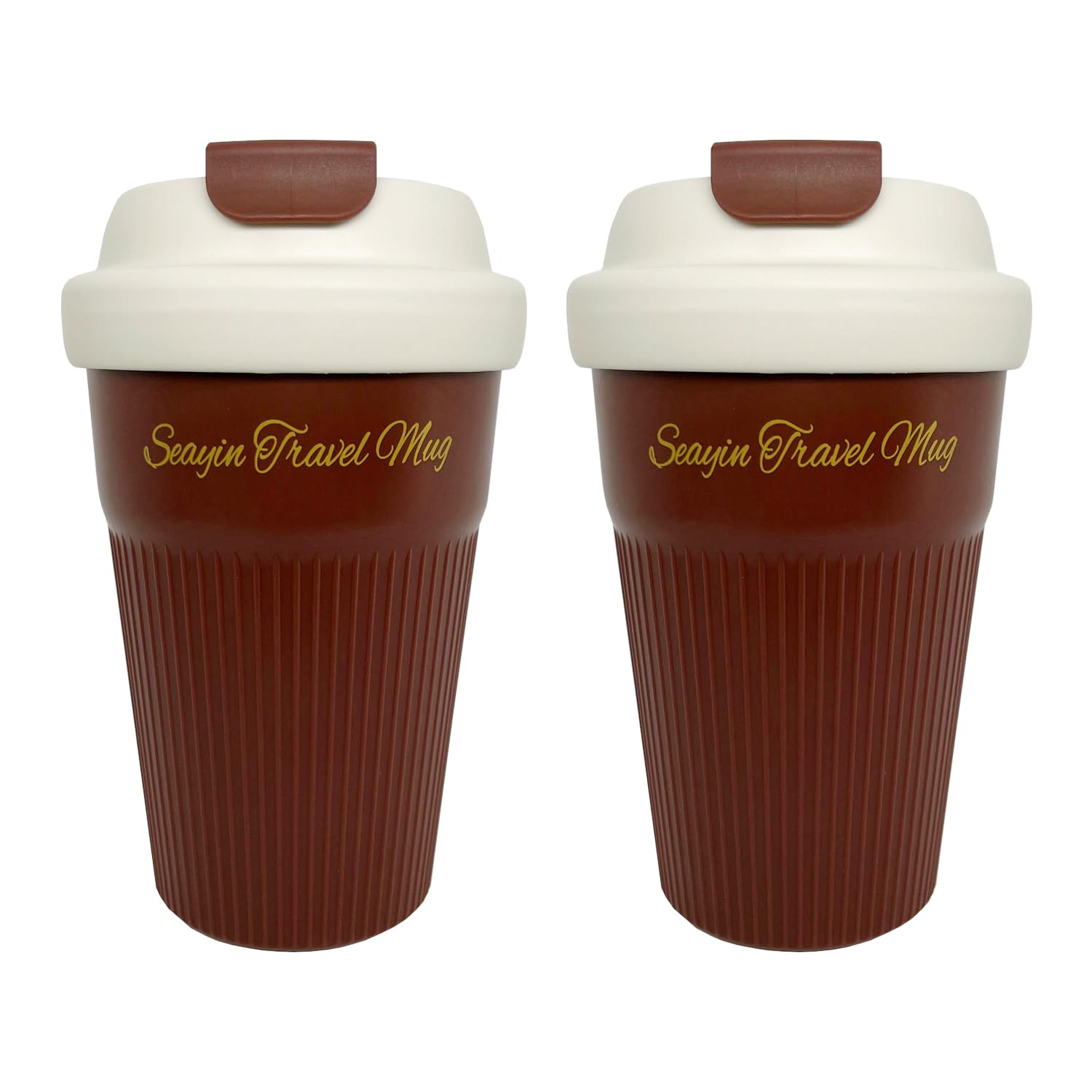 SEAYIN12oz Double-Walled Coffee Cup with Leakproof Lid Reusable Plastic Travel Mug to go for Water Milk Juicing Drinking Tumbler Flask (12oz, 2 Brown)