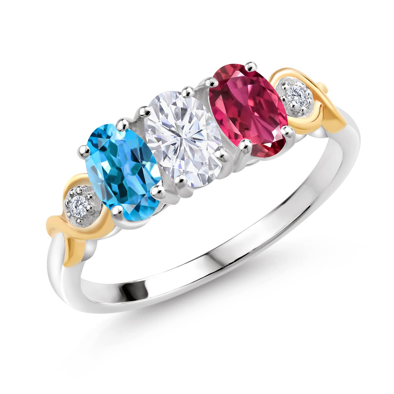 Gem Stone King Personalized Customized 3-Stone Ring For Women | 925 Sterling Silver and 10K Yellow Gold | Gemstone Birthstone and White Lab Grown