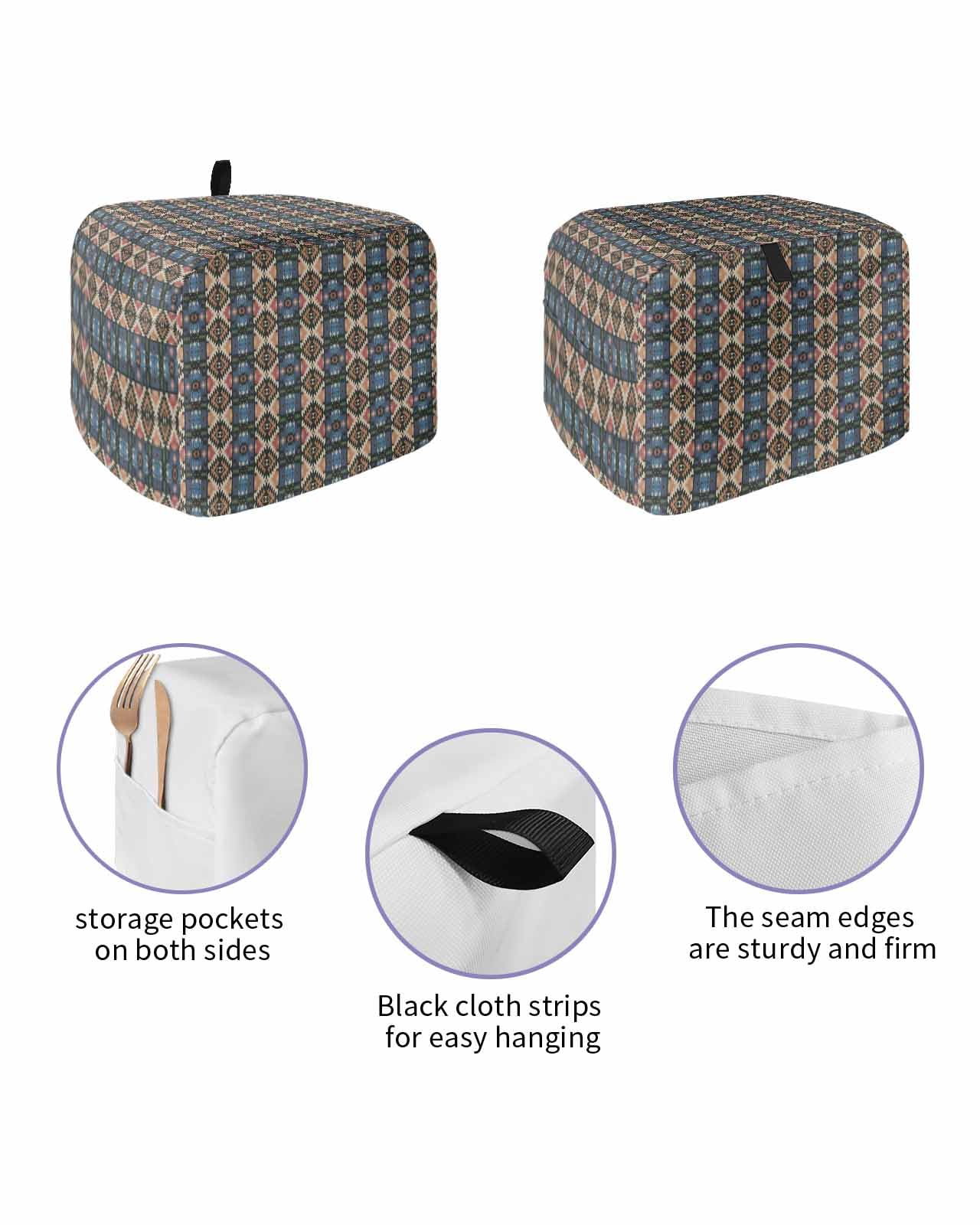 Vintage Boho Toaster Cover 2 Slice, Farmhous Country Ethnic Abstract Geometric Dustproof Bread Machine Oven Cover with Storage Pockets, Fits Most Kitchen Toasters Protector