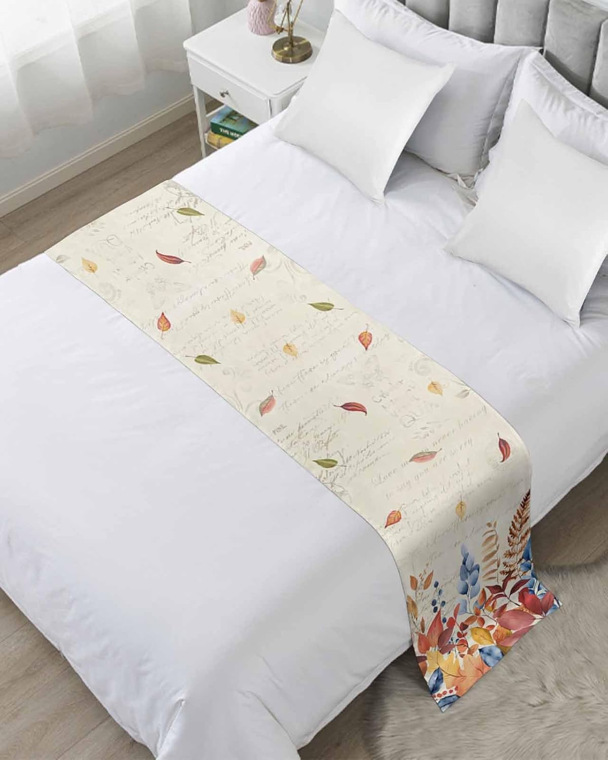 Orange Blue Leaf Fall Bed Runner Scarf Full Queen Size, Autumn Eucalyptus Leaves Luxury Bed Throw Runners & Scarves for Twin Full Queen King Foot of Bed, Bedroom Hotel Wedding Room Decoration, 83"x20"