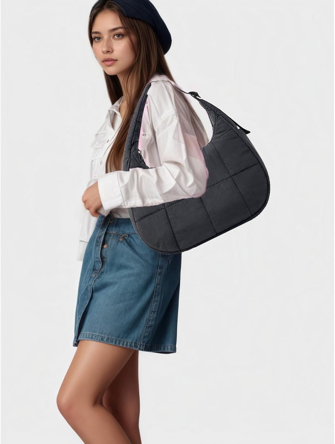 Nylon Shoulder Bag for Women Small Crescent Puffer Purse Quilted Purses Bag Puffer Bag for Travel - Image 2