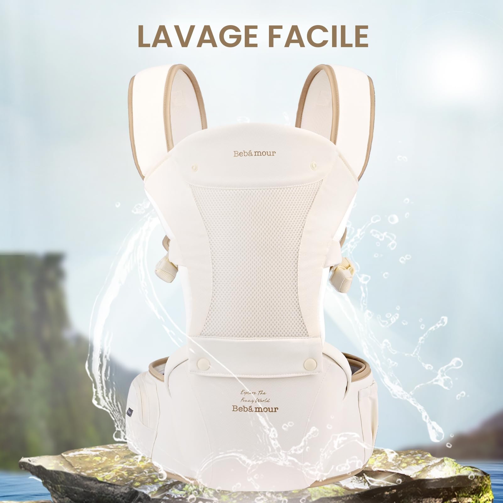 Bebamour Porte-bébé pour nouveau-nés et tout-petits Porte-bébé Hipseat 0-36 mois avec capuche, 3 coussinets de dentition, rallonge de taille, sac de rangement et étui à tétine,Beige