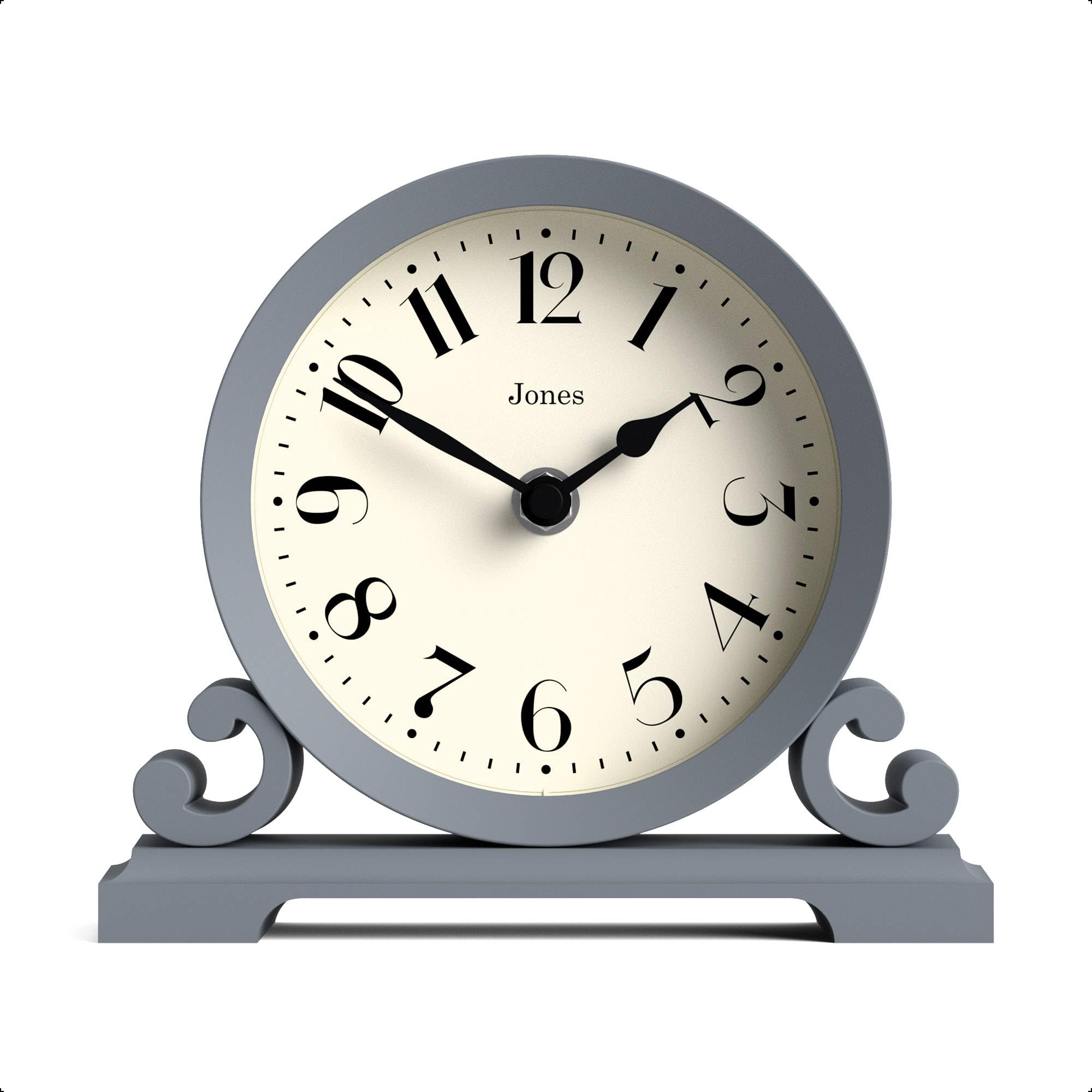 Jones Clocks Saloon mantel clock | Small Traditional Double Scroll Design | French Navy | Contemporary Classic Style for Desk, Table, Shelf or Bedside Table