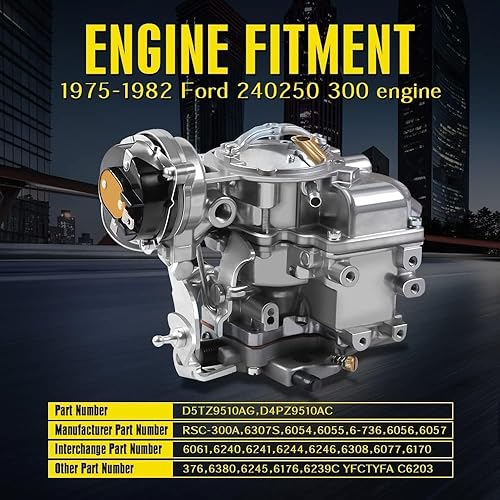 Miniatura 3 de Carburador de barril Carter1 se adapta a motores Ford 1965-1985: 4.9L (300Cu), 4.1L (200Cu), 3.3L (200Cu). Compatible con Ford Bronco, Fairmont y