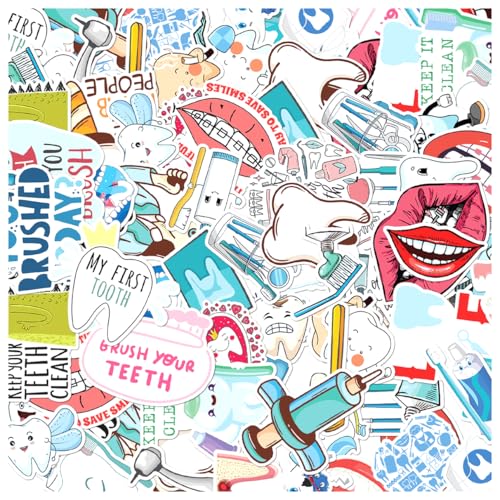 Dental Care Toothbrush Toothpaste Cartoon Stickers for Dentists Kids Students Teachers Vinyl Sticker Pack 50pcs Motorcycle Hat Teens Adults Bumper Bedroom Bike Hard