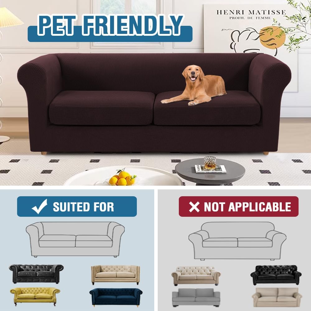 3-Piece Sofa Cover Set for 2-Cushion Chesterfield Couches – Stretch Jacquard Slipcover (Base + 2 Seat Covers), Thick Pet-Friendly Fabric, Easy Install (Chocolate, Loveseat Oversized)