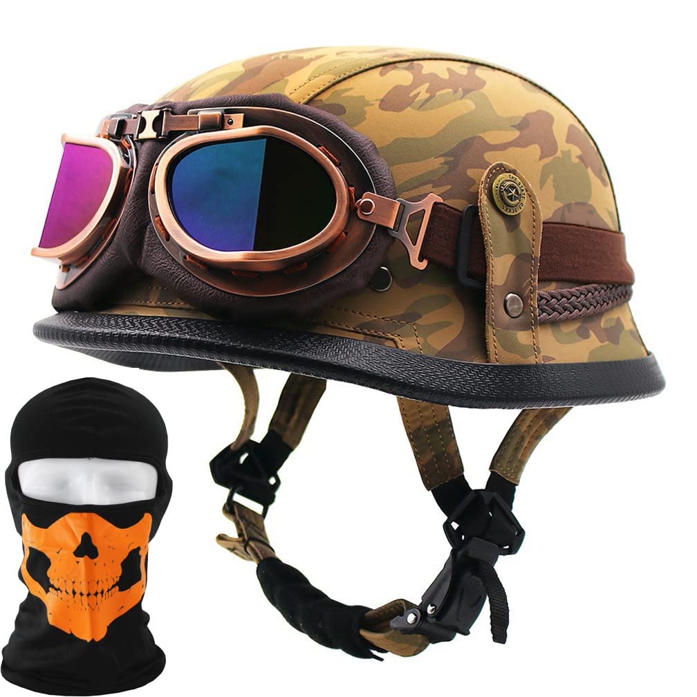 Casque de moto demi-casque rétro en cuir PU style allemand M-XXL