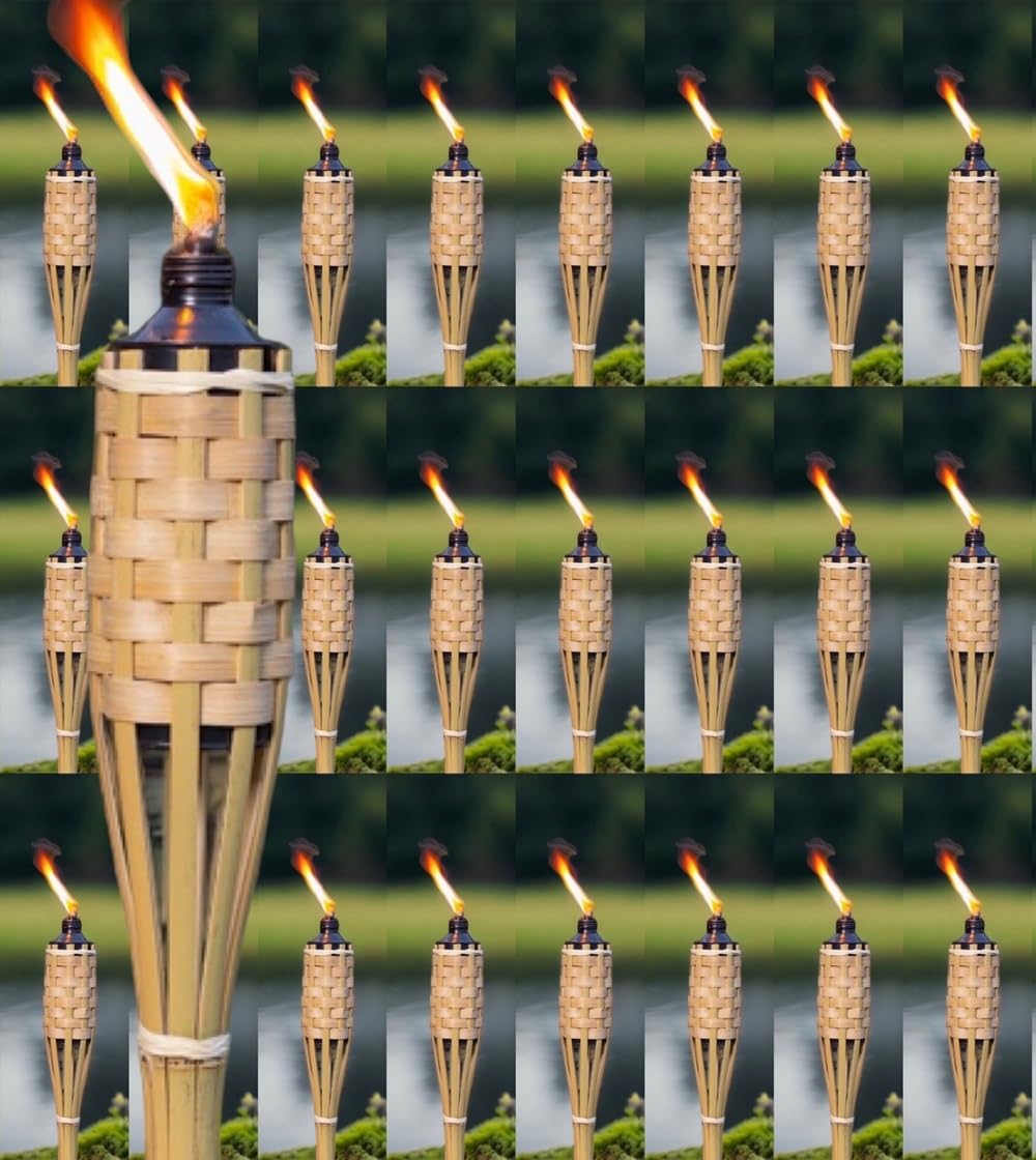 Tiki Torches Bamboo 150cm Pack of 24 - Extra Tall 5ft Citronella Compatible Burner with Large 500ml Oil Canister for Outdoor Parties, Pest & Bug Repellent, 10 Hour Burn