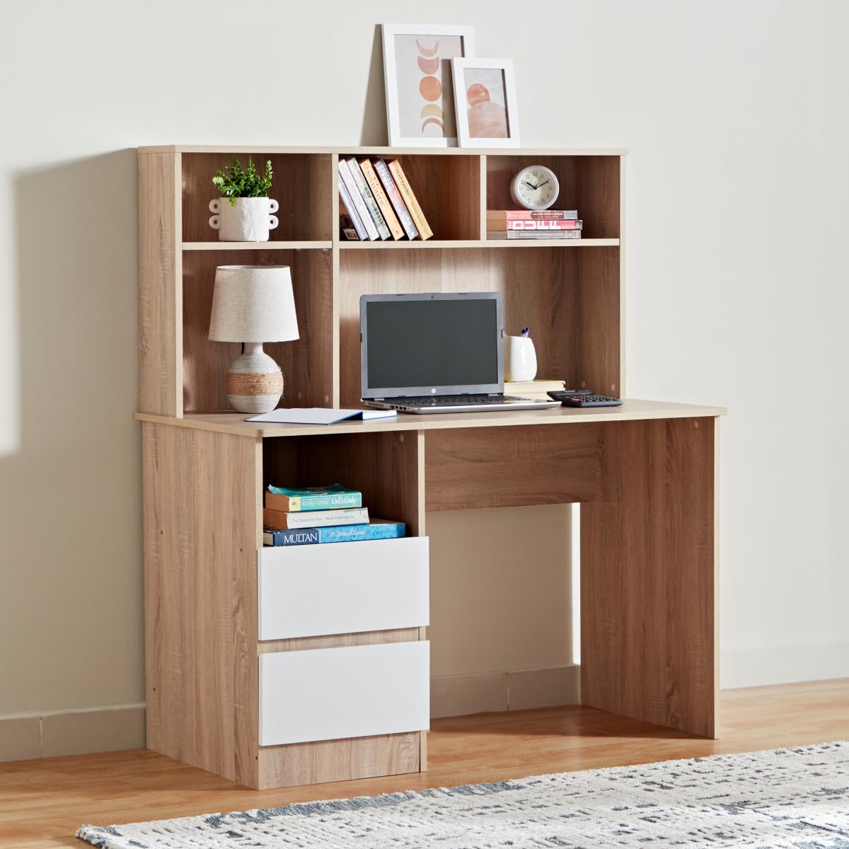 Alford Patara 2 Drawers Study Desk with Hutch- Sonoma+White