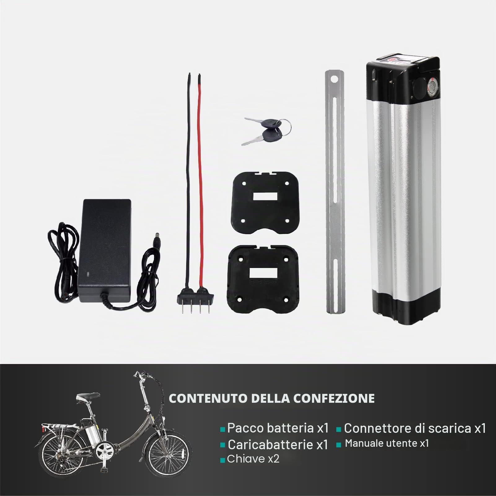 Con caricabatteria 24V 9Ah e-bike batteria Li-Ion bici elettrica forma whitebait per Phylion, MiFa, Rex, Prophete (24V9Ah)