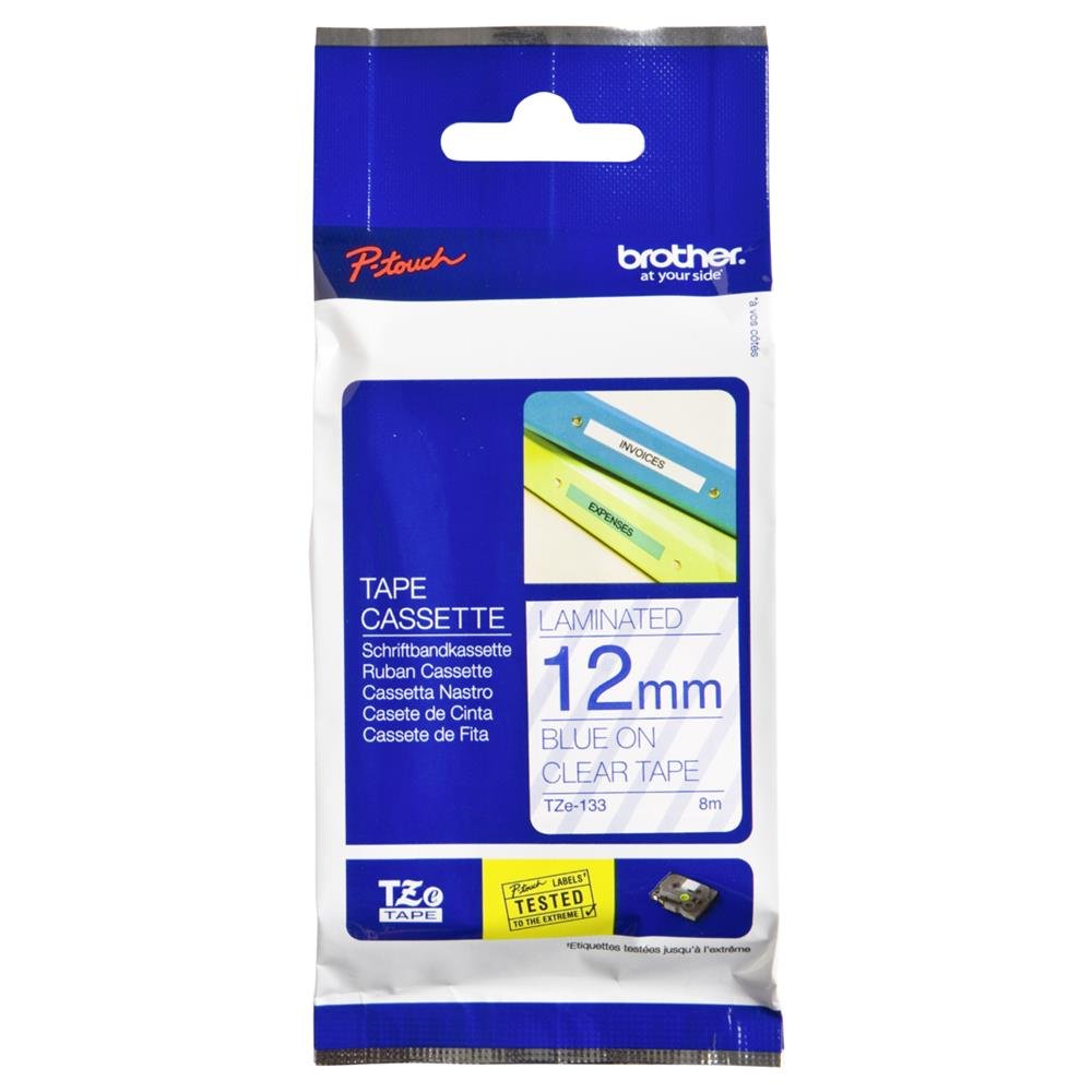 Brother TZe-133 Labelling Tape Cassette, 12 mm (W) x 8 m (L), Laminated, Brother Genuine Supplies - Blue on Clear
